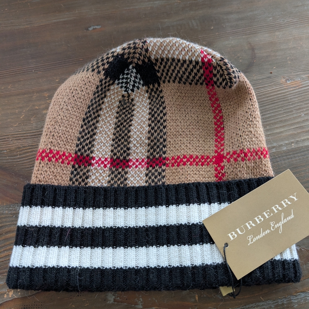 Burberry Plaid Beanie - Brown, Red, Black, White - Picture 2 of 3